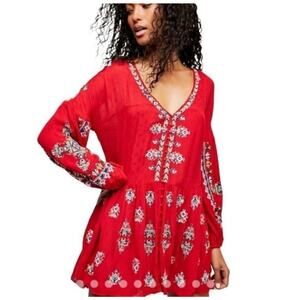 Free People Red Arianna Embroidered Tunic Size S
